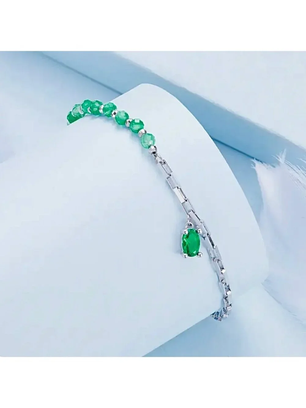 New Gem Charm Bracelet S925 Sterling Silver Green Crystal Beads Boxy Chain